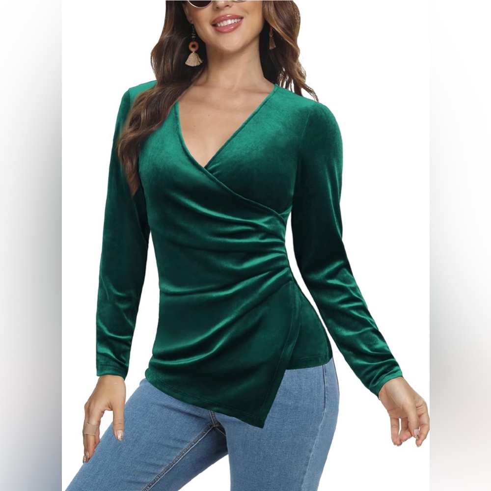 Women's Cross Wrap V Neck Long Sleeve Ruched Fitted Velvet Blouse Shirt Top